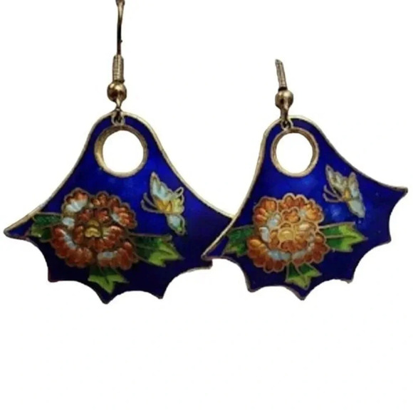 Vintage Blue Floral Oriental Style Dangling Earrings Hook Closure - Picture 2 of 3